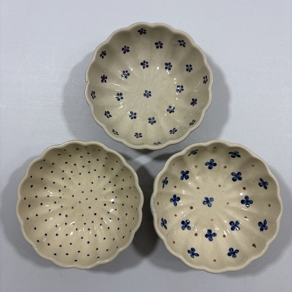 VTG Ceramika Artystyczna Boleslawiec Polish Pottery 3 Dipping Bowls Cobalt